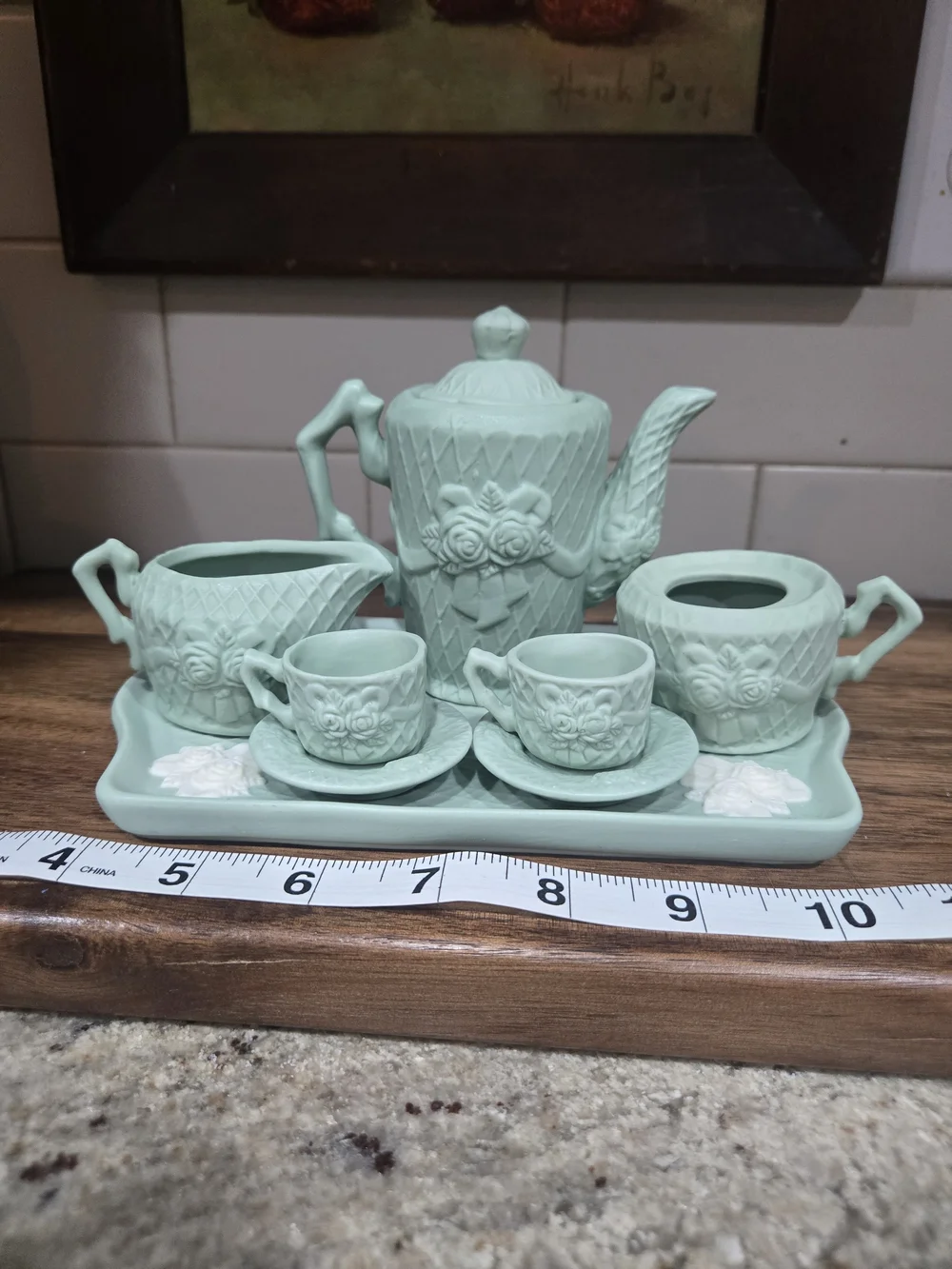Mint Green Ceramic Tea Set with Floral Relief